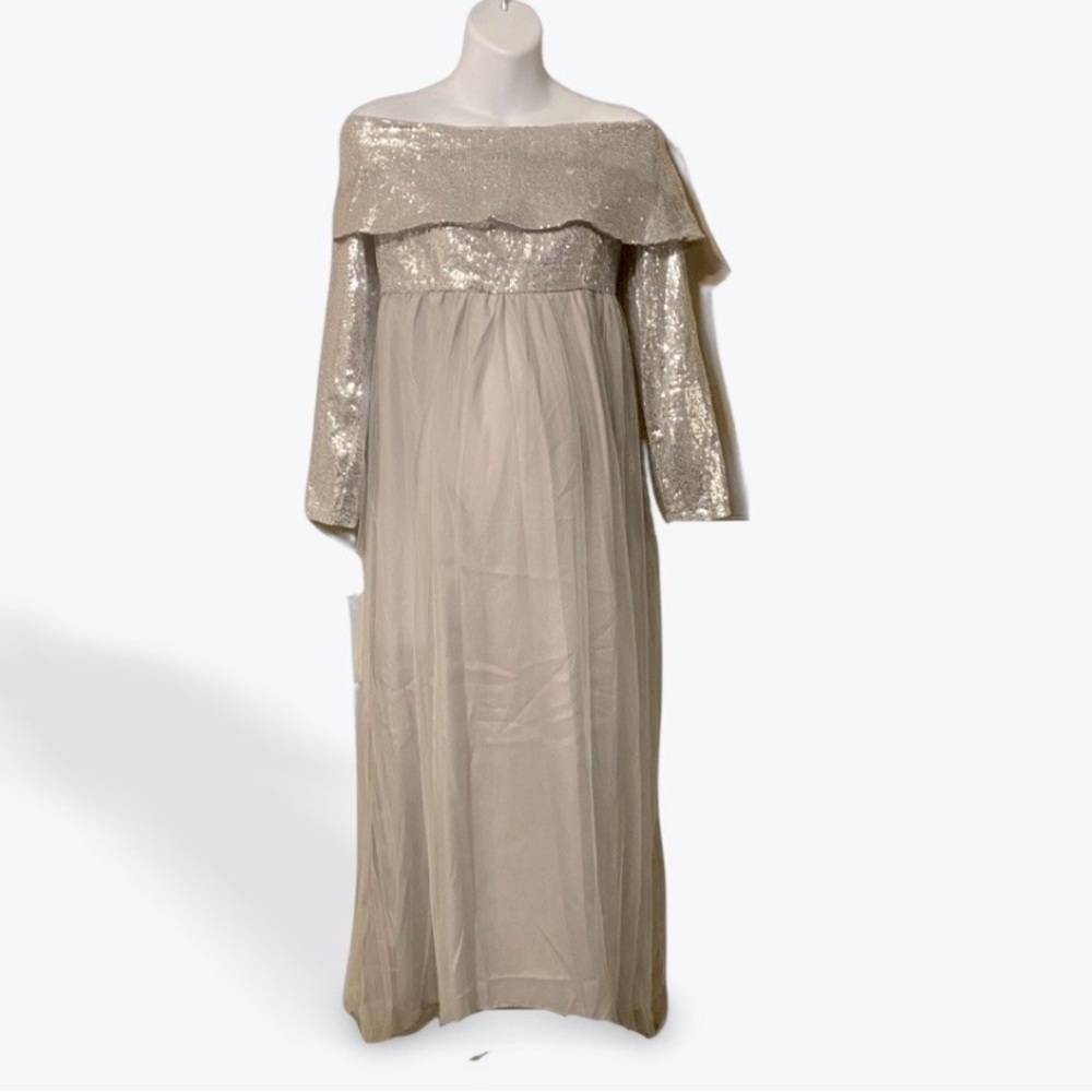 Maternity Off-Shoulder Silver Sequin Dress